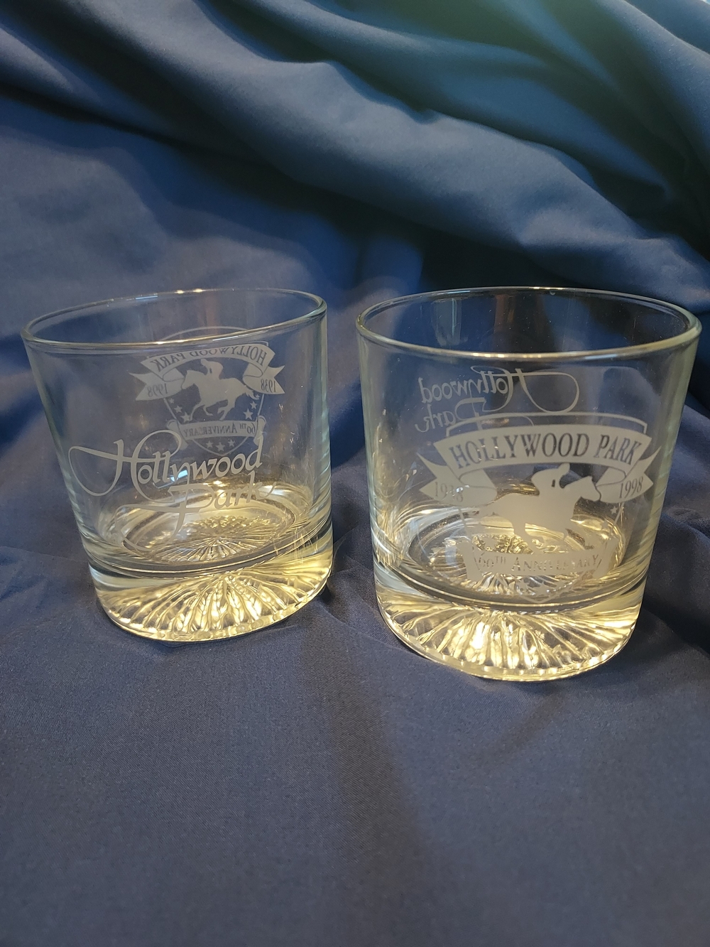Vintage Hollywood Park CA 60th Anniversary Etched Whiskey Tumblers (2) Barwear